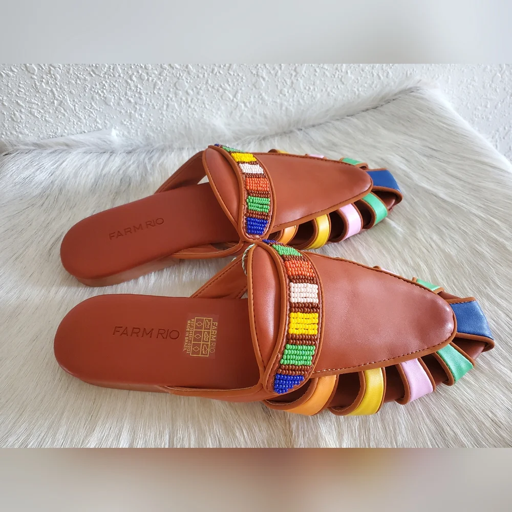 Farm Rio Sandals Sz 8.5 Rainbow Beaded Mule Tan Multicolor Vegan Leather $240 - Picture 6 of 9